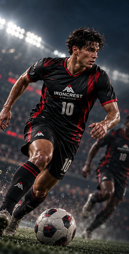 Soccer athlete in black and red sportswear